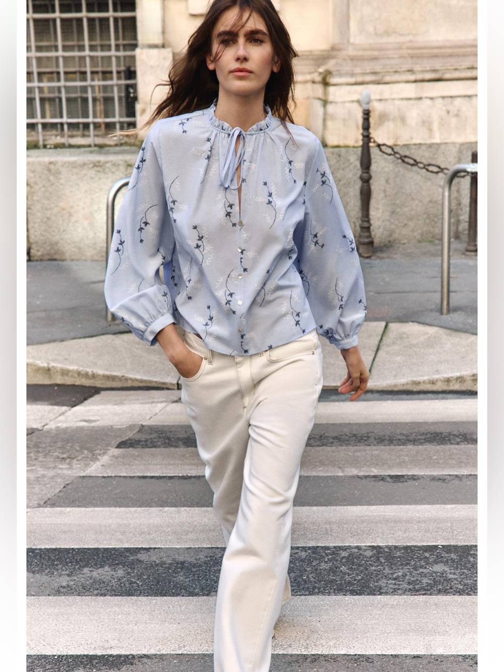 Zara Light Blue Embroidered Balloon-Sleeve Blouse